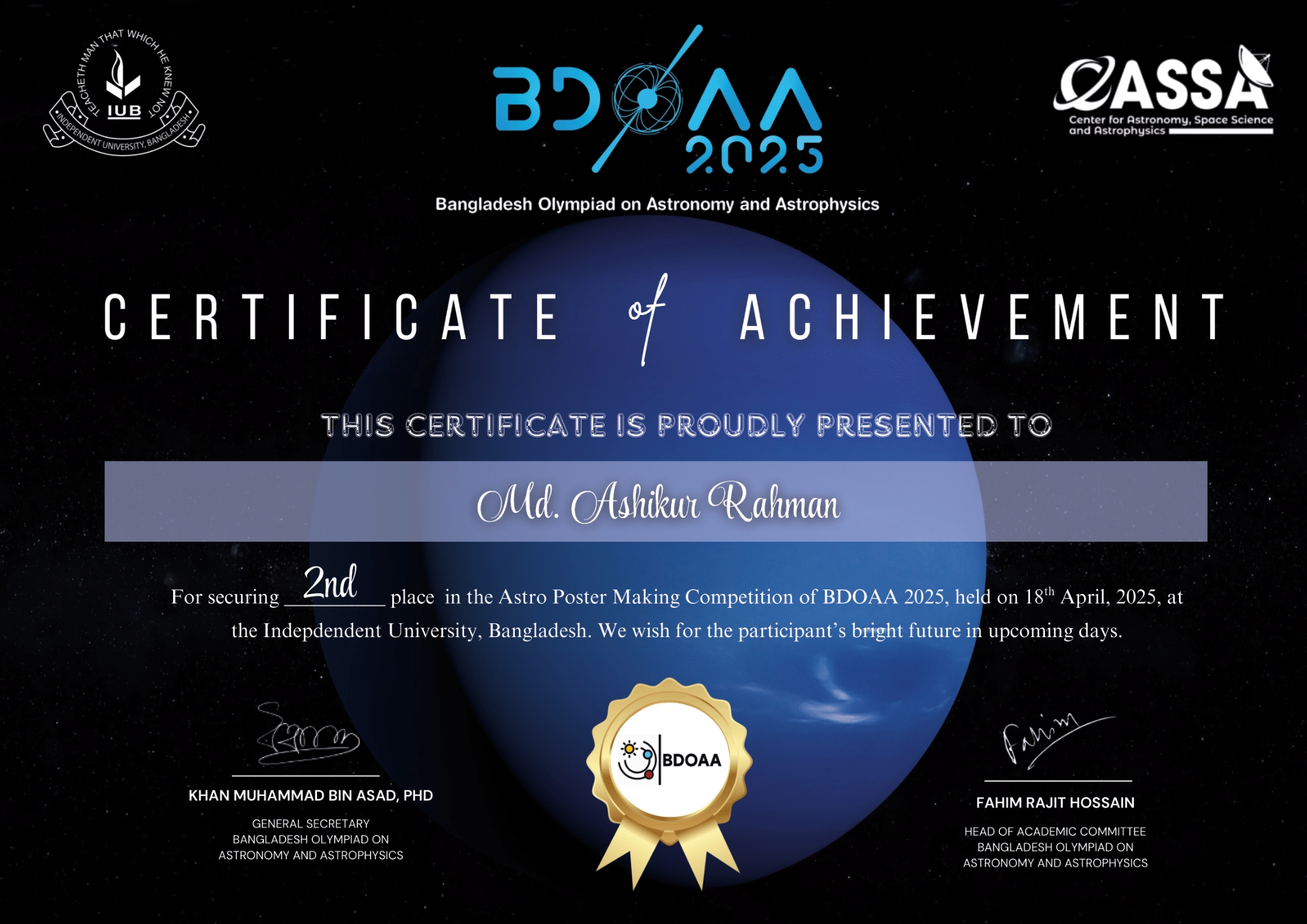 Certificates of Md. Ashikur Rahman (Ayon) from Bangladesh Olympiad on Astronomy and Astrophysics (BDOAA)